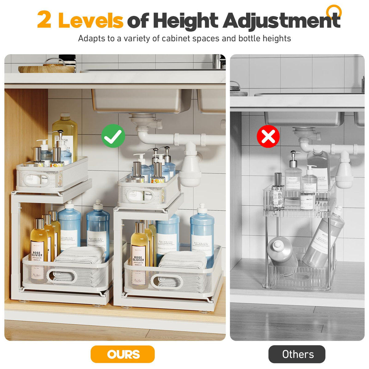 2-Pack Under Sink Storage Organizer With 2-Tier Slide Out Drawer, Sophisticated Mesh Pull Out Shelf For Kitchen & Bathroom